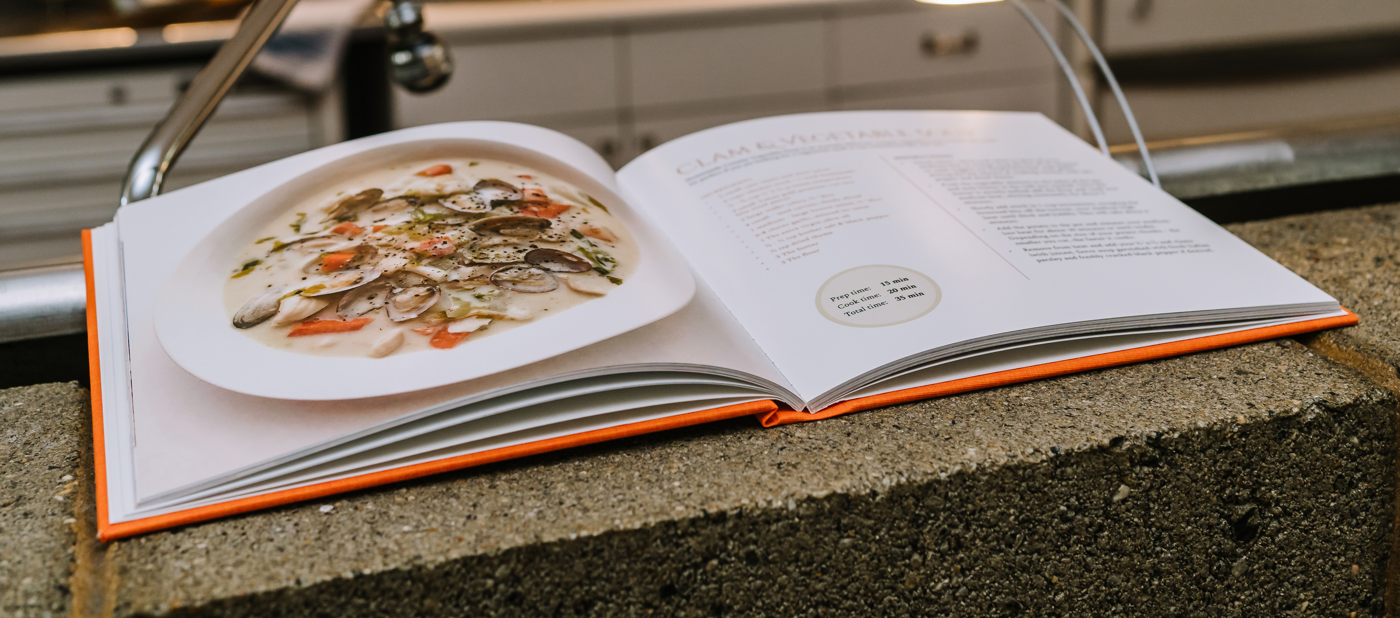 Personalized recipe photo book with clam chowder recipe