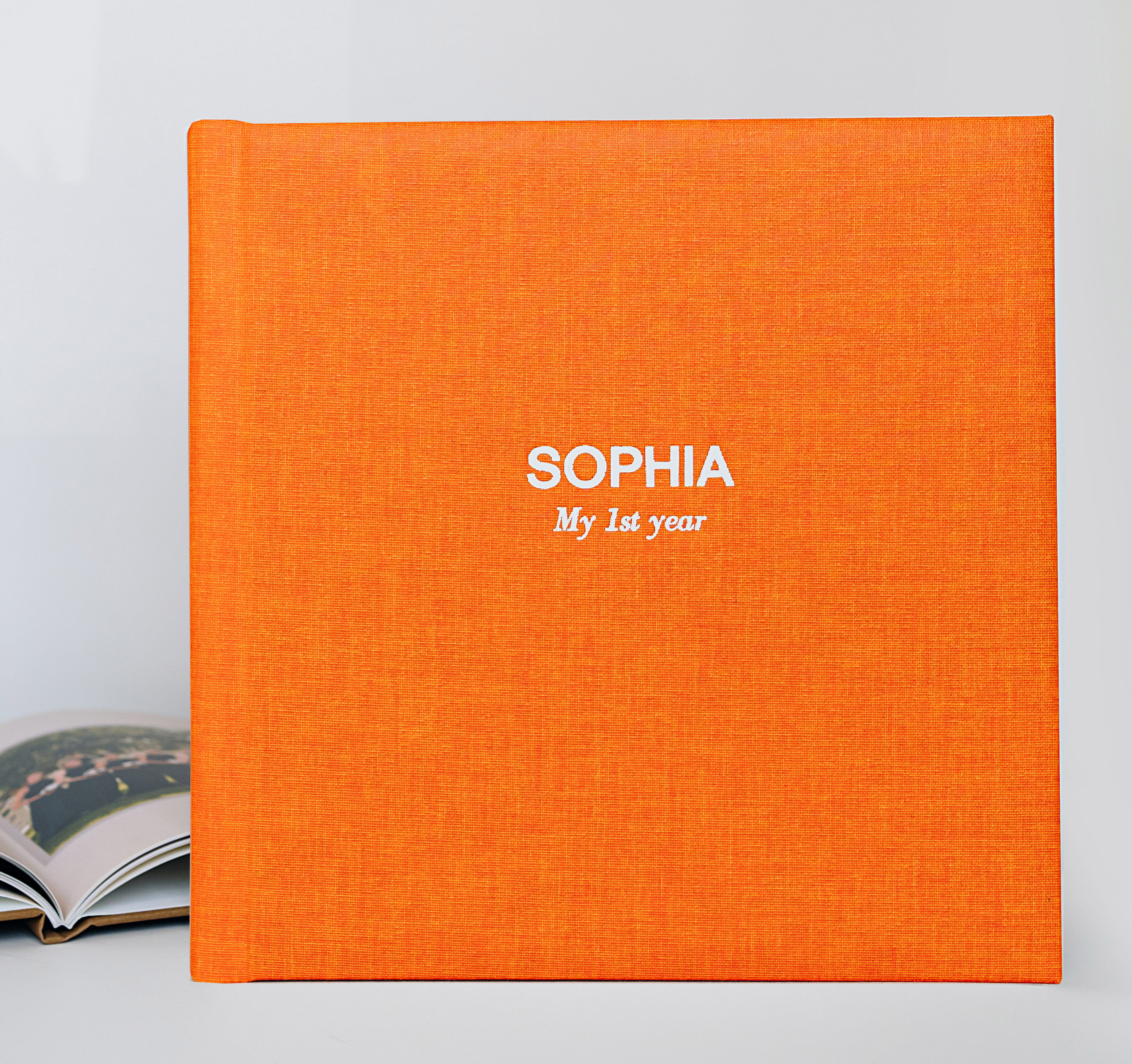 linen custom photo book with white embossed title
