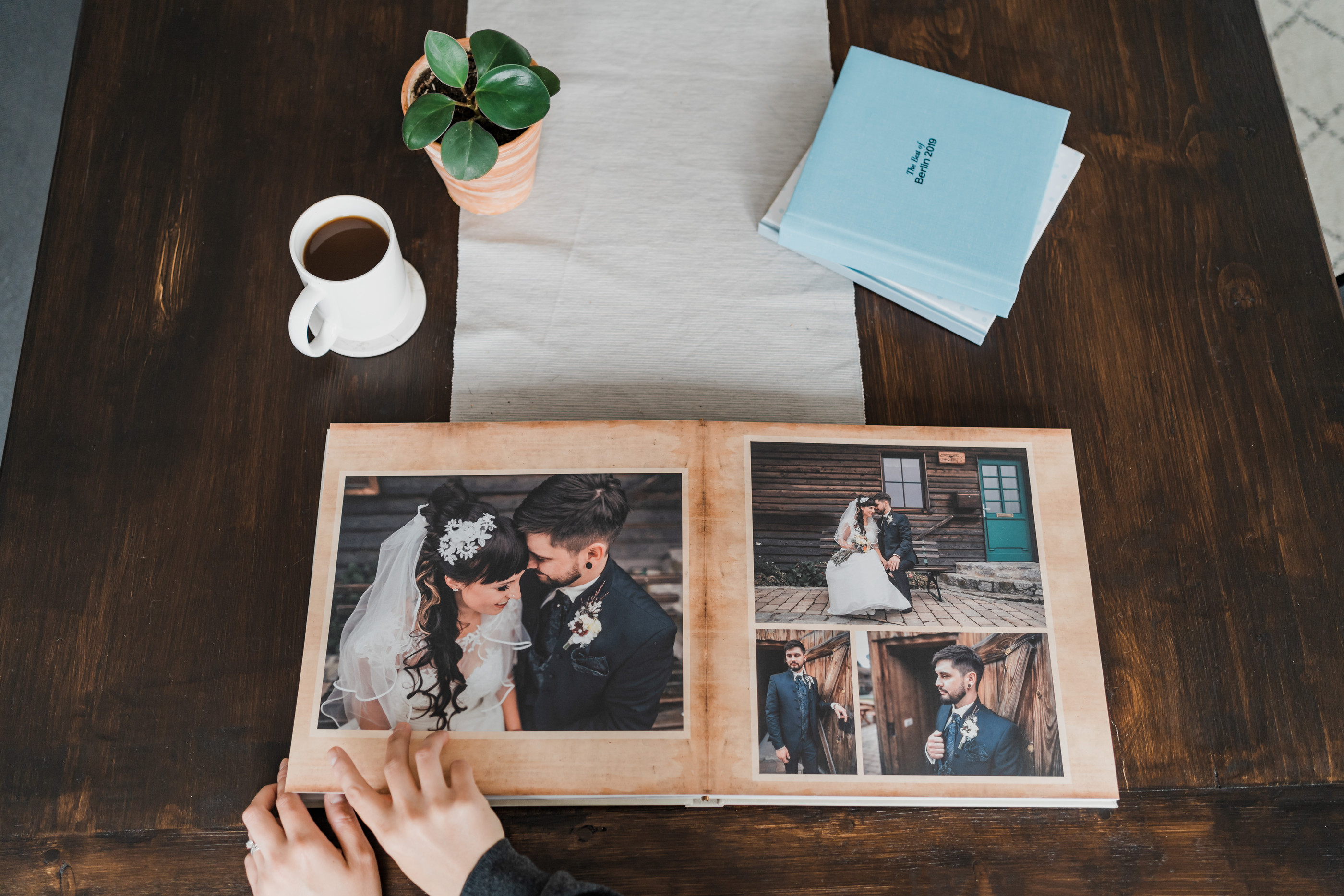 Rustic wedding album design on layflat pages