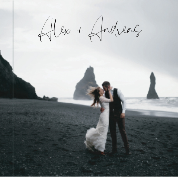 Wedding album cover showing couple on beach