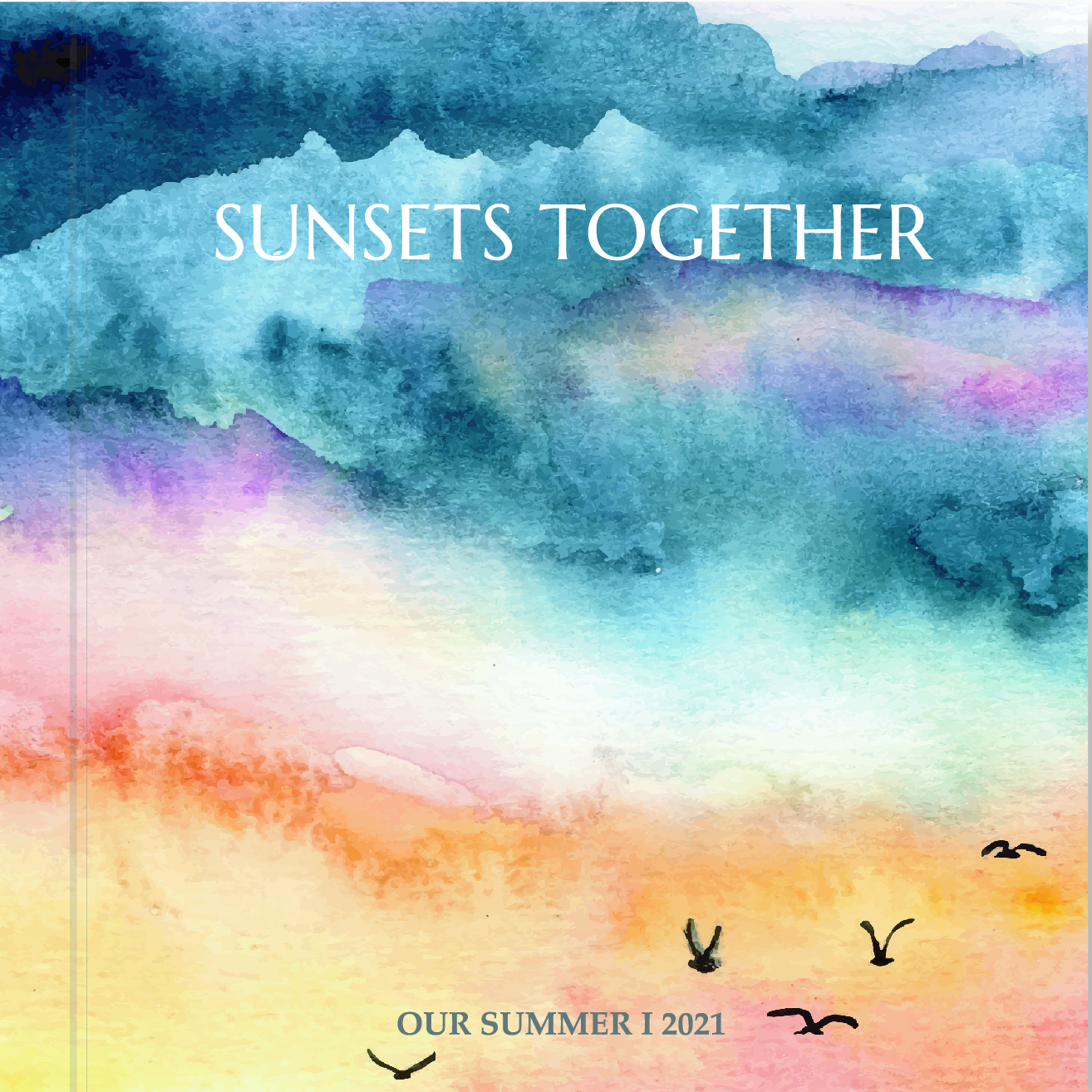 Engagement photo album cover with watercolor sunset