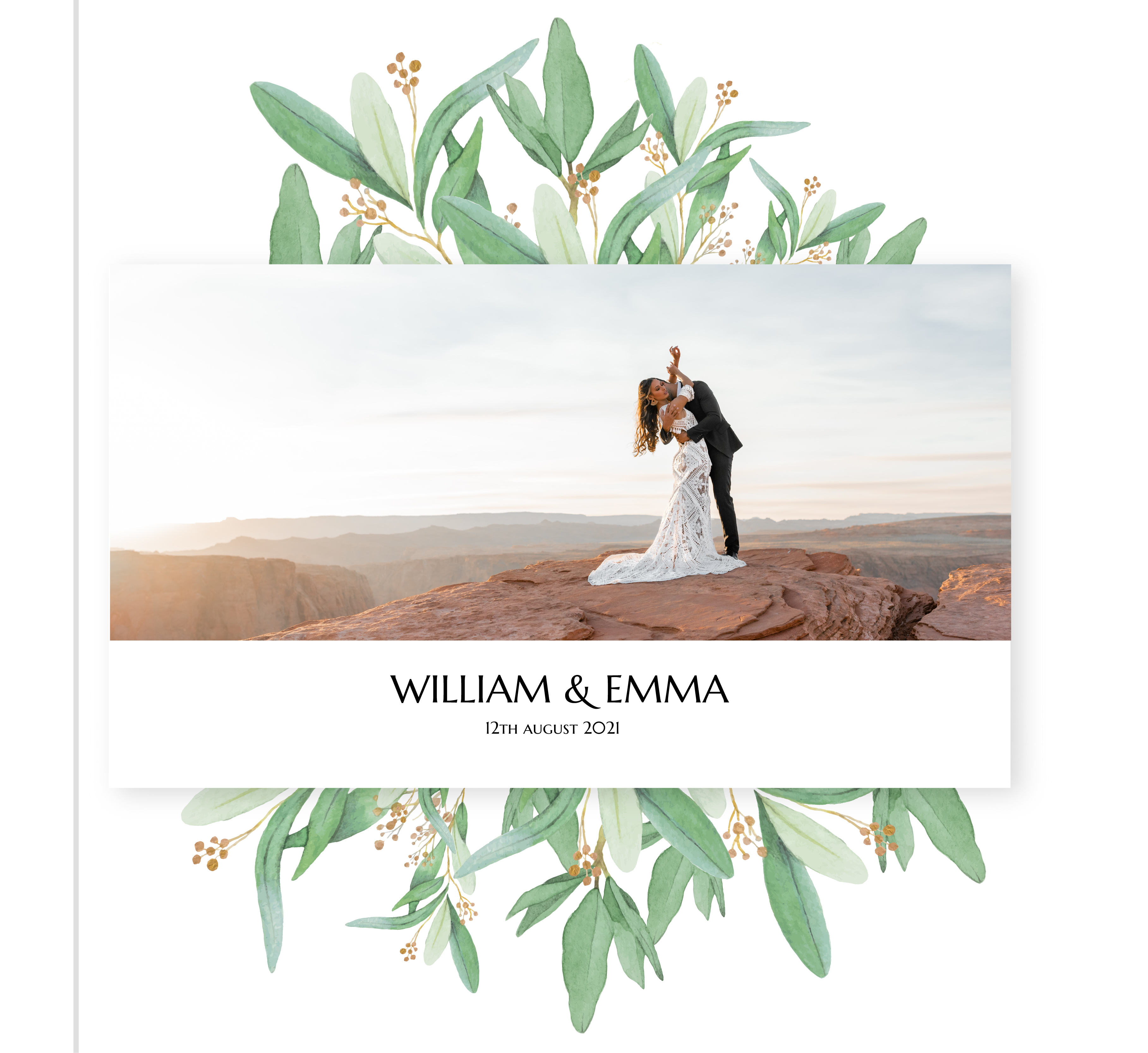 Wedding album with photo cover showing couple on cliff