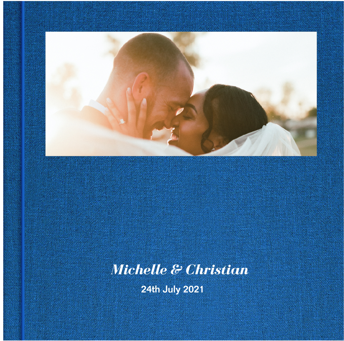 Wedding photo book with photo window showing picture of couple
