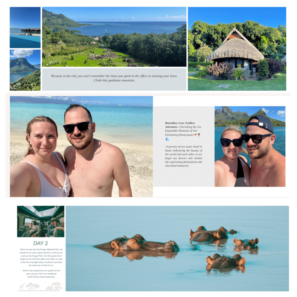 Digital photo book and photo album layouts with text, captions and descriptions