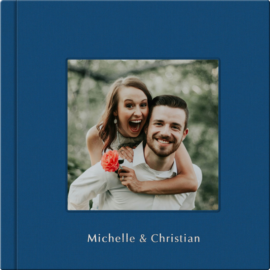 Wedding Album Cover in Blue Linen with a Cameo Photo Window