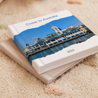 Photo cover of custom travel album titled "Cruise to Australia," featuring scenery from Tracy’s cruise through Australia and New Zealand.