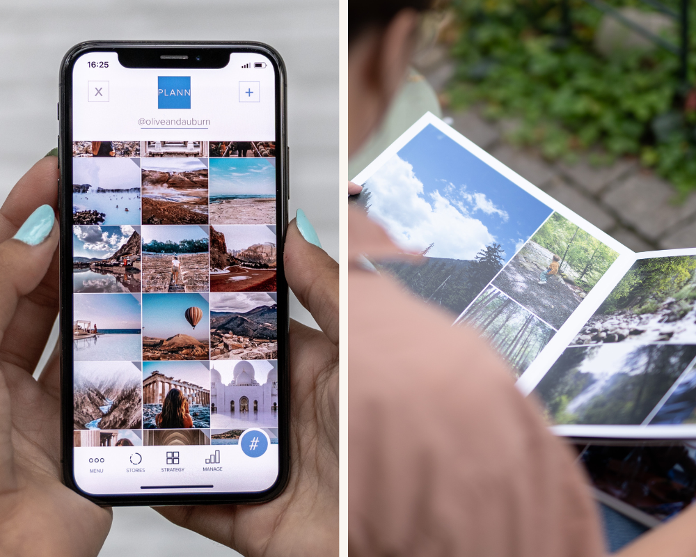 Before and after of the picture to book process—messy phone gallery on one side, curated photo book layout on the other