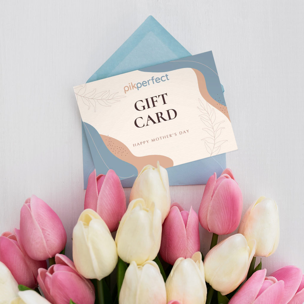 PikPerfect Mother’s Day gift card displayed on a soft neutral background, perfect for gifting a personalized baby photo book experience.