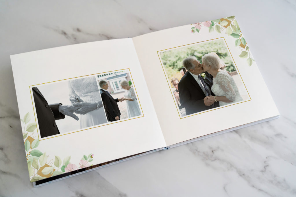 Floral Dreams layout in layflat wedding album featuring romantic wedding photos with blush and sage accents.