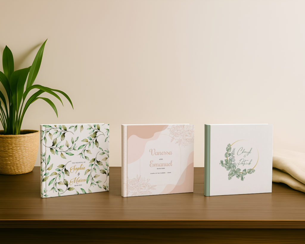 Three custom printed velvet wedding photo books in soft pink, cream, and floral designs, showcasing PikPerfect’s new customizable velvet covers.