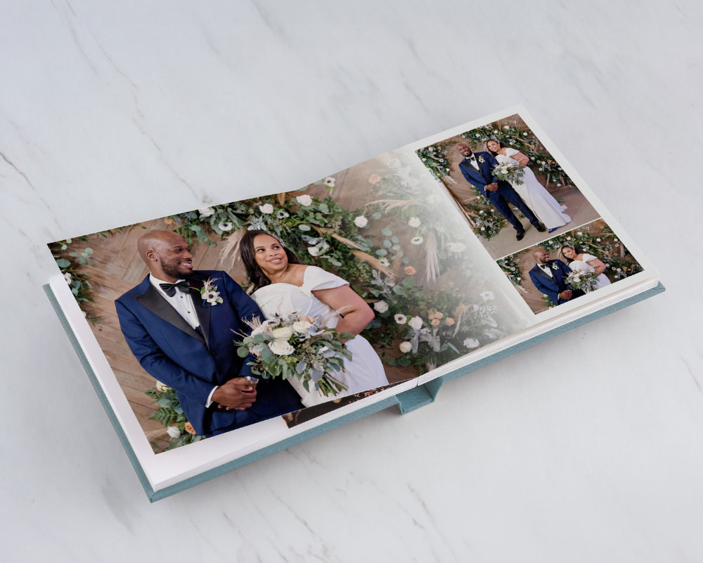 imeless layout spread from a premium layflat wedding album printed on Fuji Velvet paper, with structured photo placement and clean white space