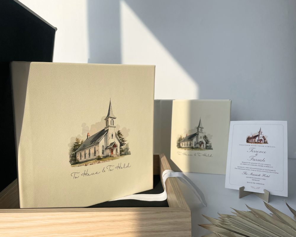 Wedding album designed to complement invitation theme and style
