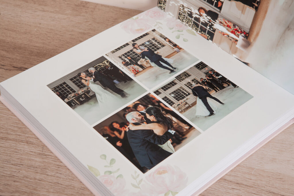 Interior spread of a custom layflat wedding album blending floral, foliage, and color-block design elements. The featured spreads shows the floral design style.